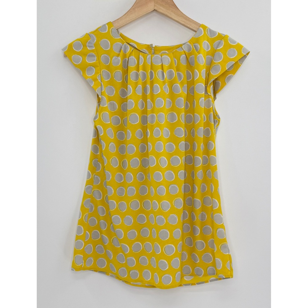 Banana Republic Yellow Gray Polka Dot Chiffon Cap Sleeve‎ Blouse Sz Sm Office